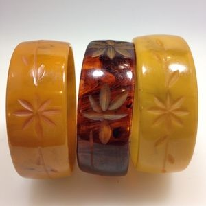 3 Vintage Bakelite Carved Bracelets